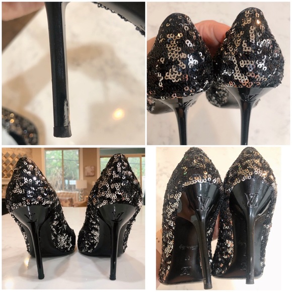 LOUIS VUITTON Liza Sequin Black & Silver Pointy Toe Pumps Noir SZ 37 - Picture 15 of 17